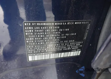 2021 Volkswagen Tiguan 2.0T Se/2.0T Se R-Line Black/2.0T Sel z USA, uszkodzony, nr VIN 3VV2B7AX6MM093344